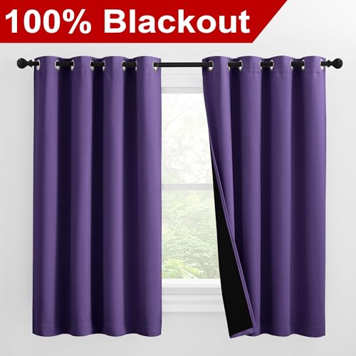 Image of NICETOWN 100% Blackout Curtains with Black Liners, Thermal Insulated Full Blackout 2-Layer Lined Drapes, Noise Cancellation Window Draperies for Dining Room (Lilac Purple, 2 Panels, 55 inch W by 57 inch L)