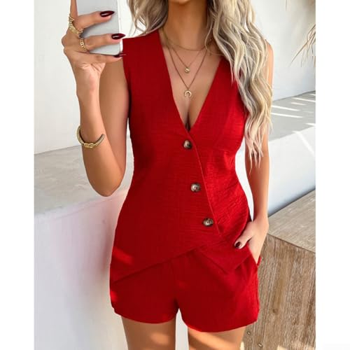 Traje casual, conjunto de 2 piezas, chaleco cárdigan con botones y pantalones cortos, diseño de cintura elástica de color sólido, para mujer, vacaciones, uso diario (M rojo)