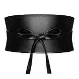 Womens Faux Leather Wide Cinch Belt Waistband Lace Up Wrap Around Obi Bowknot, Black, waist 30'-38'