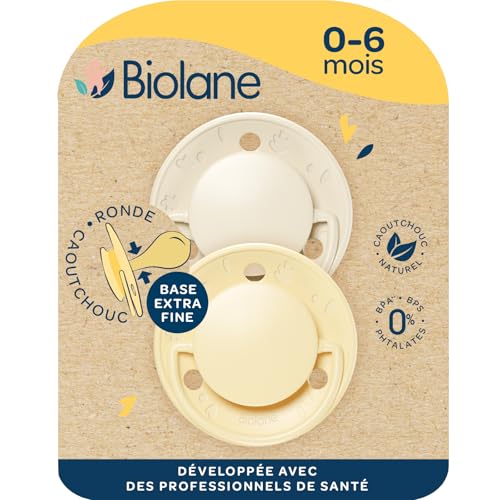 BIOLANE - Tétines rondes - Sucettes extra-fines - 0 à 6 mois - Jaune et Beige - Téterelle en caoutchouc naturel - Respect du développement bucco-dentaire-...