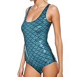 Generisch Modischer Damen Badeanzug Monokini mit Schuppendesign V-Ausschnitt hohem Beinschnitt für sommerliche Badevergnügen (Blue, M)