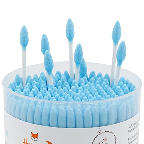 Image of Blue Cotton Swabs Precision Pointed - 400 Count Pointy Organic Cotton Buds Double Side Tightly Wrapped Cotton Tips Paper Stick Soft Gentle Lint-Free Cruelty-Free, Pointy & Round (Blue)