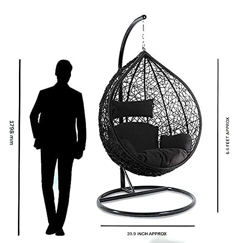 Image of Hindoro Rattan Wicker Wrought Iron Single Seater Swing Chair with Stand & Cushion & Hook Outdoor || Indoor || Balcony || Garden || Patio || Living Outdoor Furniture (Golden, Oval)