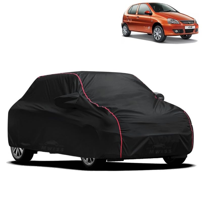 Image of Waterproof Car Cover for Tata Indica Ev2 | All-Weather Protection, Dustproof & UV Resistant | Triple Stitched Mirror Pockets, Windproof Buckle Strap with Elastic Hem, Black-Red Piping