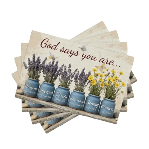Christian Placemats Set of 4, 12x18 Inch Kitchen Inspirational Table Mats, Bless Bible Verses Flowers Table Decor, Religious Place Mats for Kitchen Decor