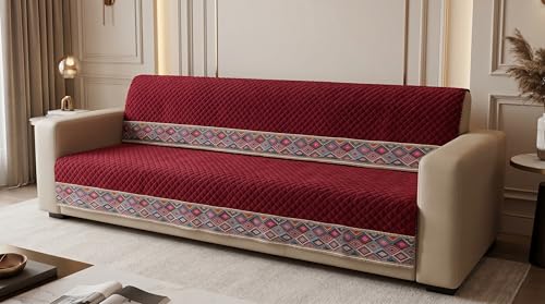 Image of Maroon Velvet Sofa Mat, L Shape 4+3 | Full Cover for Seat & Back, Anti-Skid, Machine Washable