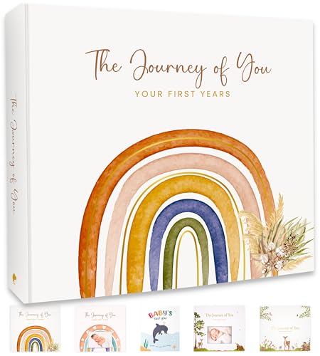 Image of Baby Memory Book for Girl or Boy - First 5 Years Unisex Boho Rainbow Keepsake Journal to Record Newborn 1st Milestones - Gender Neutral Photo Album Scrapbook for Baby Shower - Pregnant New Mother Gift