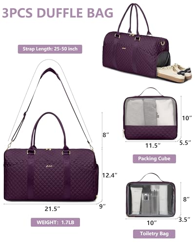 Image of Women Weekender Travel Duffle Bag: Travel Duffel Overnight Bags with Shoe Compartment Large Carry on Tote with Toiletry Bag Weekend Traveling Yoga Gym Hospital Bag for Women with Wet Pocket 3 PCS Set
