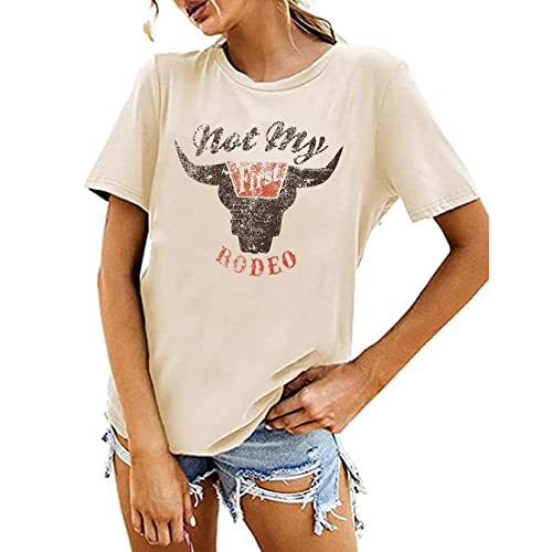 Rodeo Graphic Tee Shirts Women Steer Skull Western T-Shirt Vintage Country Music Shirt Cowboy Graphic Tees Tops (Beige,Medium,Medium) #TOP3