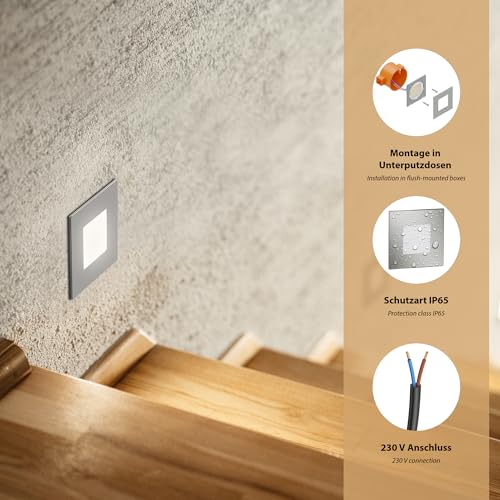 ledscom.de 5 Stück LED Treppenlicht/Wandeinbauleuchte FEX für innen und außen, eckig, edelstahl, 85 x 85mm, warmweiß