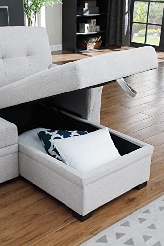 Eafurn 84'' Reversible Sectional Sofa Couch With Pull-Out Sleeper Bed, Line Fabric L-Shape 3-Seater Convertible Corner Sofa & Couches With Storage Chaise And 2 Tossing Cushions, Light Grey W #TOP6