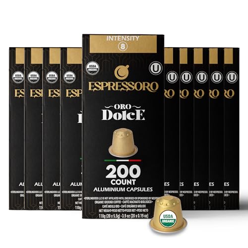 ESPRESSORO 200 USDA Organic Espresso Pods - DOLCE Aluminum Capsule Compatible with Nespresso Original Lines Machines. Intensity 8 Premium Italian Expresso Coffee Capsules