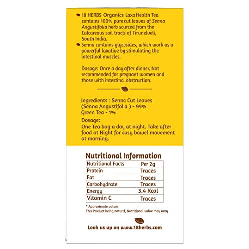 18 Herbs Organics Laxa Health Tea (15 Tea Bags -21 grams - Duplex Carton - Pack of 1) Herbal Tea With Laxatives For Constipation - Chemical Free Unique Round Detox Tea Bags | Enhances Bowel Movement