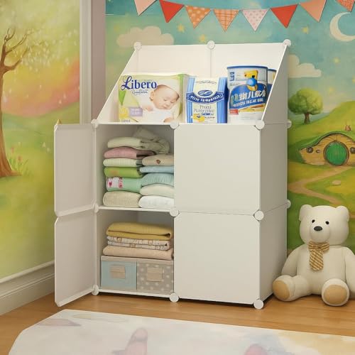 Image of Plastic Wardrobe for Kids Clothes - Durable, Easy to Use Anti-Skid & Non-Slip Effective Professional Collapsible Wardrobe, Plastic Cupboard for Kids, Foldable Almirah (4 Door,White-HF2)