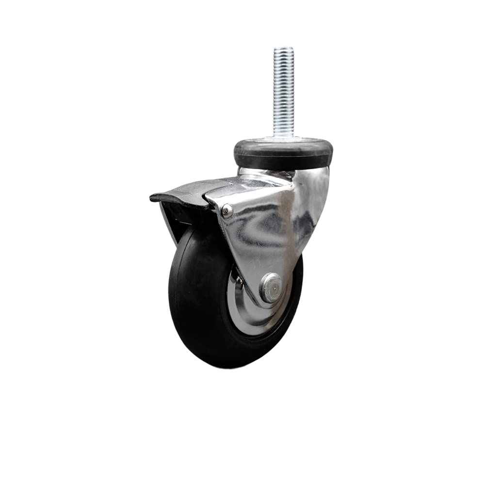 3 Inch Swivel Caster Wheels for Furniture - Bright Chrome Hooded Neoprene Rubber Wheel with 8mm - 1.25 x 1-1/2 Inch Metric Threaded Stem and Brake - 110 lbs. Per Caster - Service Caster Brand