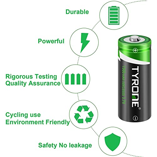 Tyrone 4 Pack 18500 Rechargeable Batteries,18500 Button Top Rechargeable Batteries, [ More Than 1500Mah 3.7V Batteries With 2-Ports Smart Charger ] #TOP2
