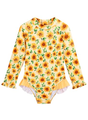 Image of Baby Toddler Girl Long Sleeve Ruffle Swimsuit One Piece Zipper Rash Guard Bathing Suit with UPF 50+ Sun Protection