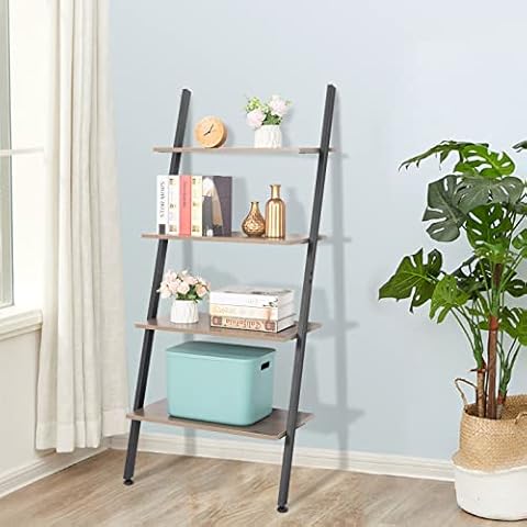 Industrial Ladder Shelf, 4-Tier Bookshelf, Storage Rack Shelves Cover