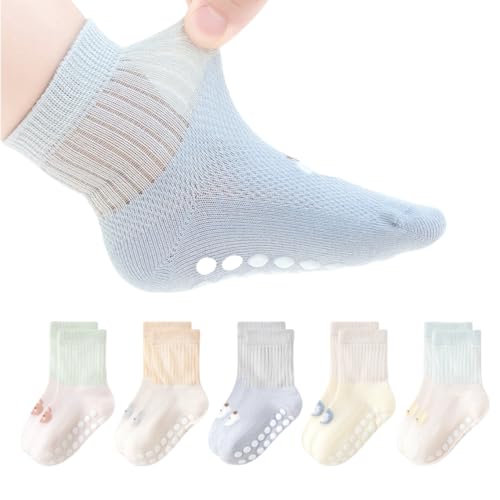 Anti-Slip Cartoon Baby Socks, Mesh Non-Skid Crew Socks with Grips for Infants, Toddlers, Girls, Boys, 5 Packs (US, Age, 3 Years, 5 Years, Style1)