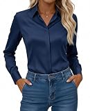 Gleeivy Navy Blue Long Sleeve Shirt Women Button Down Breathable Collared Office Stain Resistant Workwear Shirts Navy Blue M