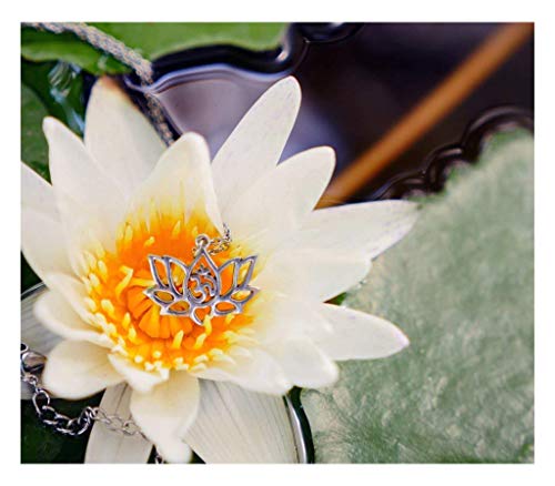 Quan Jewelry Yoga Lotus Flower Pendant Necklace with Om Symbol, Happy Birthday Gifts Ideas for Mom, Daughter, Women with Inspirational Quote on Gift Card (Silver Tone)