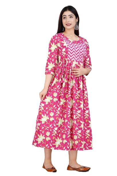 Women's Cotton Maternity Midi Dress, Empire Waist, Green and Orange Floral Print, Short Puff Sleeves, Round Neck, Feeding Friendly, Summer Casual Wear, 110cm Length-image-21