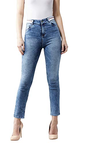Image of Dolce Crudo Women's Light Blue Slim Fit High Rise Regular Length Light Wash Twill Tape Detailing Denim Stretchable Jeans