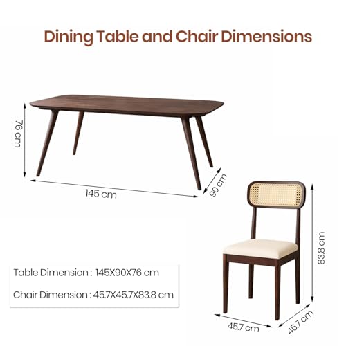 Image of WOODLAB Solid Sheesham Wood 6 Seater Dining Table Set | Wooden Six Seater Dining Table with Cushioned Cane Back Chairs Furniture for Living Room, Home, Hotel and Restaurants - Walnut Finish