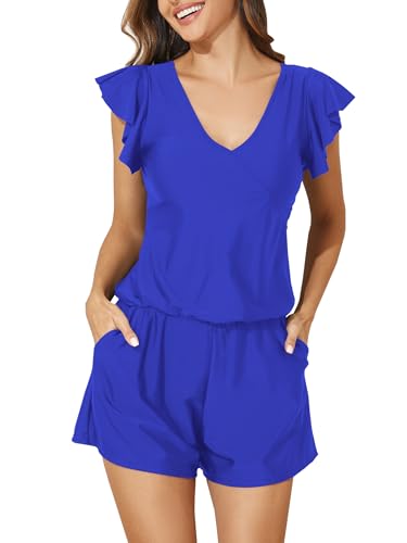 Image of Smismivo Swim Romper with Built in Bra and Pockets Swim Dress Modest One Piece Swimsuit Full Coverage Bathing Suit