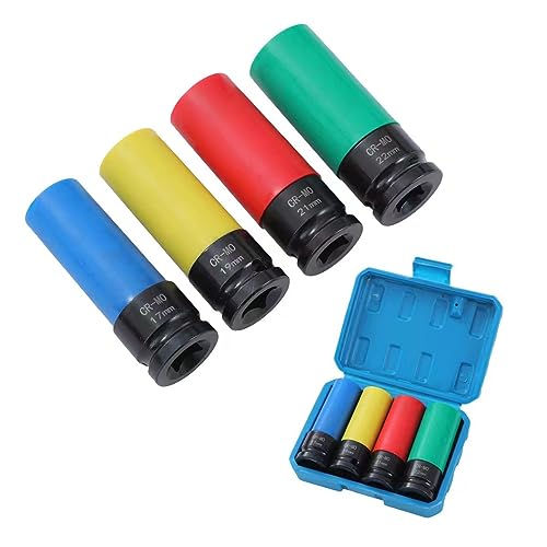 KATSU 1/2 Alu-Felgen Kraft-Stecknuss-Satz 4-teilig 17/19/21/22mm Steckschlüsselsatz Radmuttern, Schlagschrauber Nüsse, Chrom-Molybdän-Stahl, 85mm Länge, Auto Reparatur Garage