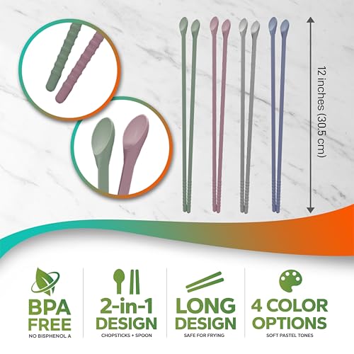 RECOHOME Reusable Long Silicone Cooking Chopsticks with Spoon - 12 Inches 3 Color Set, Eco-Friendly, Heat-Resistant, Non-Slip, Non-Scratch, Japanese Asian Kitchen Utensils. (Pink, Green, Grey, 3 Pair)