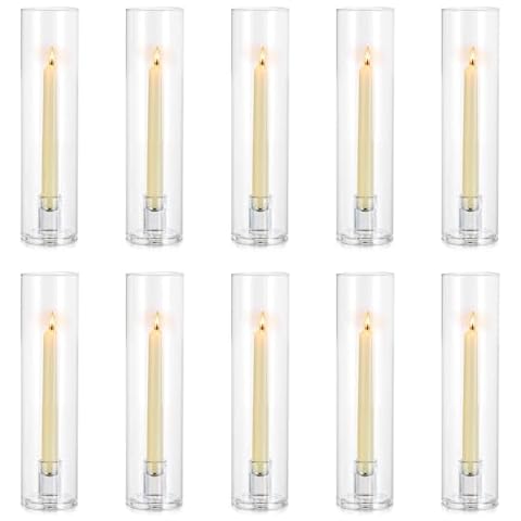 NUPTIO Taper Candle Holders Glass: Hurricane Candle Holder Bulk for Tapered Candles 10 Pcs Large Crystal Candlestick Holder Stand with Cylinder Sleeves for Home Wedding Chrstmas Birthday Party Decor Cover