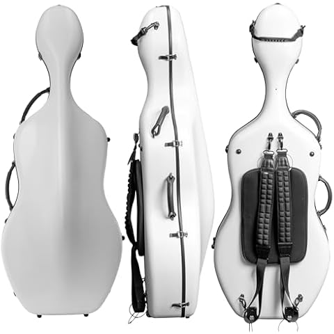 MI&VI CP-7006WB Pure Poly Carbon Fiber Cello Case 4/4 Hard Shell 10lb (Full Size) with Wheels | Carry Straps | Rigid Protection | Tough Shell (White + Bag) Cover