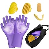 MIYIJHY 7PCS Dog Bath Brush | Pet Grooming Gloves | Storage Bag | Soothing Massage Rubber Comb with Adjustable Ring Handle | Pet Bathing For Dogs and Cats (Lavender Purple)