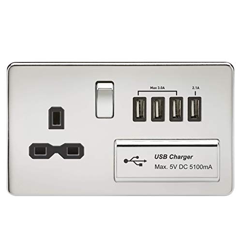 Knightsbridge SFR7USB4PC Screwless 1G 13A Switched Socket with Quad USB Charger 5V Dc 5.1A-Polished Chrome W/Black Insert, Silver