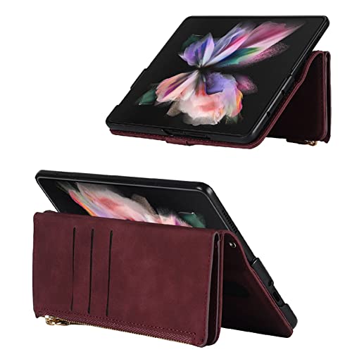 Jaorty Fit Samsung Galaxy Z Fold 4 5G Case Wallet With S Pen Holder For Women,Samsung Galaxy Z Fold 4 Phone Case With Card Holder,Crossbody Lanyard Strap Zipper Pu Leather Case For Z Fold 4,Burgundy #TOP1