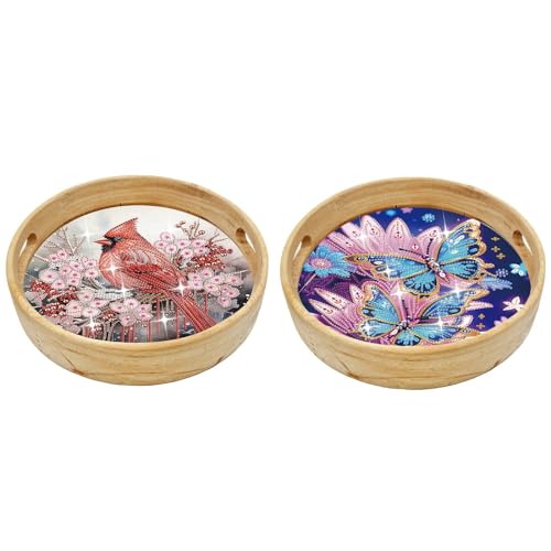 ARTopet 2Pcs DIY Diamond Tray Round Diamond Art Painting Creative Design Handmade Wooden Tray Dinner Plate Diamond Art for Coffee Living Room Home Organizer Diameter 25.5cm