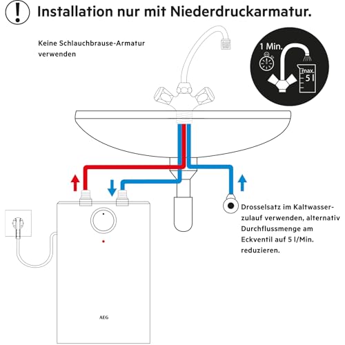 AEG druckloser Kleinspeicher Huz 5 Öko Comfort mit ThermoStop-Technologie mit Stecker, 5l, untertisch, stufenlose Temperaturwahl von ca. 35-85 °C, 2kW, 222164