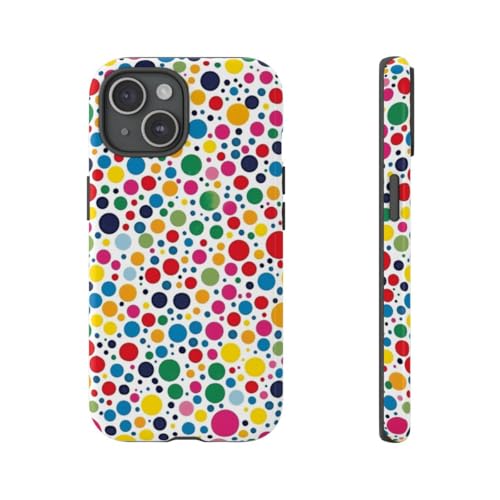 Coque rigide iPhone 15 à motifs pois colorés et finition brillante blanche