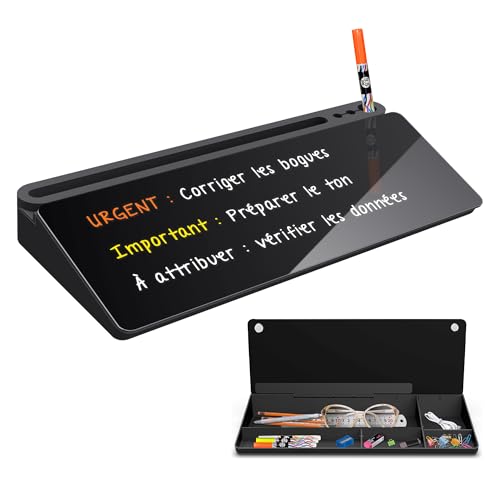 ANLIOTE Tableau Blanc de Bureau Noir avec Rangement, Planche en Verre Effaçable avec 3 Marqueurs pour Notes Rapides, Ardoise à Craie avec Organisateur pour Bureau, Maison, École