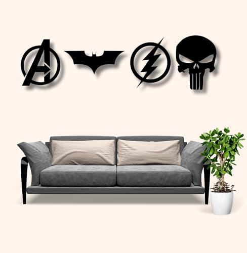 Image of TWIGGY Superhero 6mm MDF Wooden Wall Decor Set for Home, Office, or Gaming Room, Gift, Anime (pack of 4 | The Dark Knight,Punisher,Avengers,Flash)