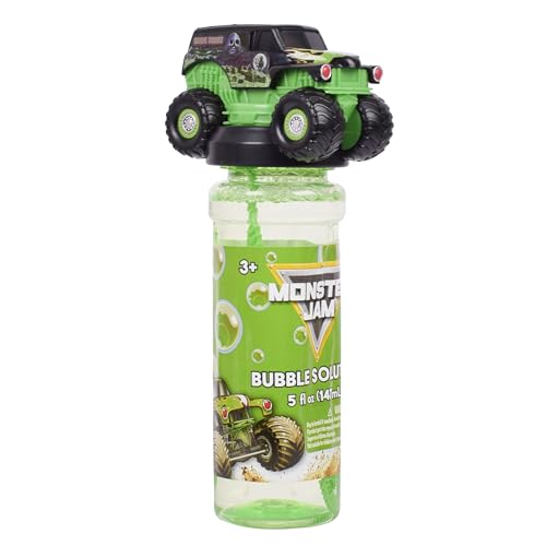 Monster Jam Bubble Bottle 5oz Bubble Solution with Grave Digger Topper and Bubble Wand Non-Toxic Kids Outdoor Bubbles Imaginative Play Ages 3+
