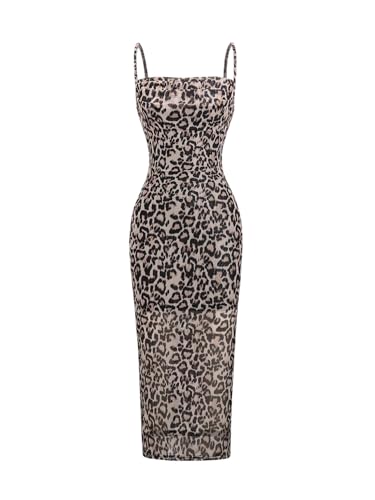 GORGLITTER Damen Figurboten Kleid Elegant Spaghettiträger Leoparden Maxikleid Trägerkleid Ärmellos Bodycon Meshkleid Partykleid Abendkleid Leo M