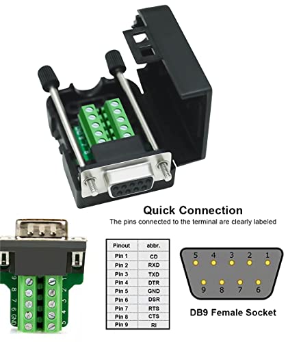 Image of DTECH DB9 Breakout Connector DB-9 Female RS232 Serial Adapter Solderless Module Board with Screw Terminals Block, Case, Long Bolts and Tail Pipes