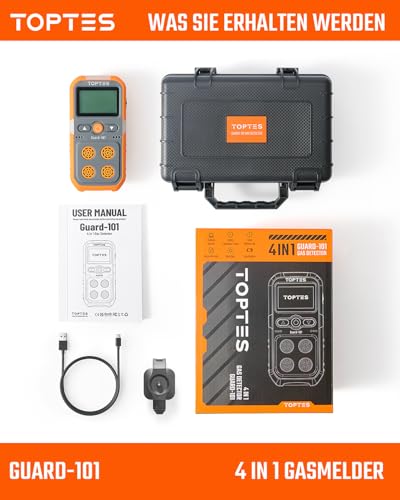 TopTes Guard-101 Gasmelder, 4 Gasmelder Für H2S, CO, LEL Und O2, Mit Vibration, Licht- Und Tonalarm, 14 Stunden Batterielaufzeit, Explosionsgeschützt, Für Arbeit Und Zuhause - Orange