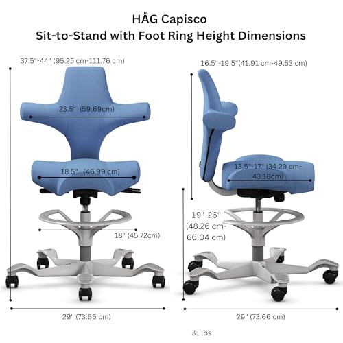 Image of HAG Capisco Adjustable Sit to Stand Desk Chair - Silver Frame - Light Wash Blue Polyester Seat - with Footring