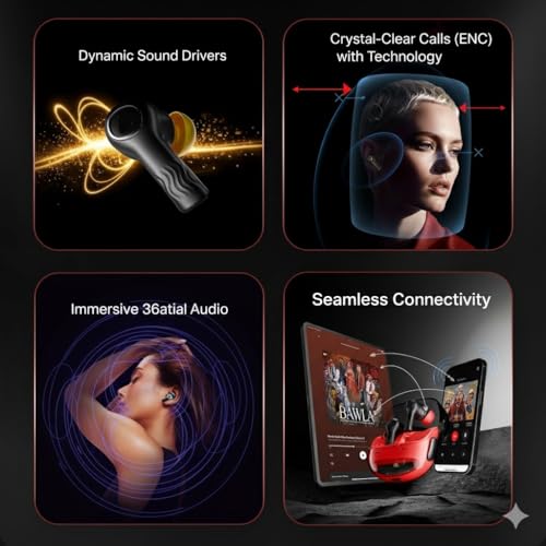 Image of Crysta Gaming TWS Earbuds - Ultra Low Latency 40ms, Bluetooth v5.49+ENC for Clear Calling, 50Hr Playtime, Bass Boosted, Premium Wireless Headphone, Touch Control, IPX4 & Voice Assistance. (RED)
