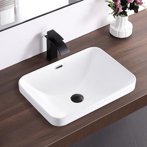 KARAMAG Bathroom Vessel Sink 20.6'' x 14.7'' Semi Recessed Bathroom Sink Rectangular Drop-in Vanity Sink with Overflow White Ceramic Modern Art Basin