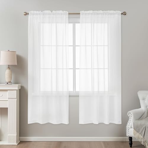 Image of White Sheer Curtains 72 Inches Long, Privacy Semi Sheer Curtains for Living Room Bedroom, Light Filtering Rod Pocket Voile Window Drapes 2 Panels Set, Each 42 inch W x 72 inch L