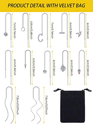 12 Pairs Threader Earrings For Women Stainless Steel Chain Tassel Earrings Threader Lightweight Wave Long Bar Arrow Drop Dangle Chain Earrings Set (Silver) #TOP6